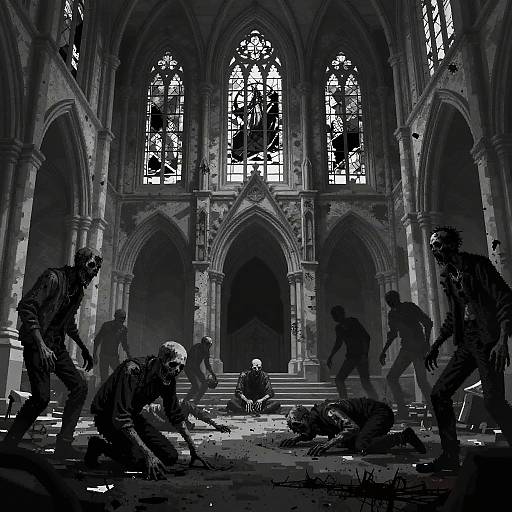 Digital illustration of six zombie-like figures in a dark, Gothic cathedral with stained glass windows, hunched and crawling on the floor.