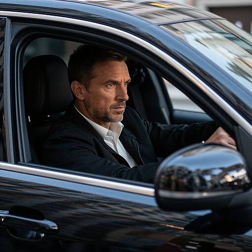 Photograph of a serious, bearded man with short brown hair, wearing a black suit, driving a sleek black car, focusing intently on the