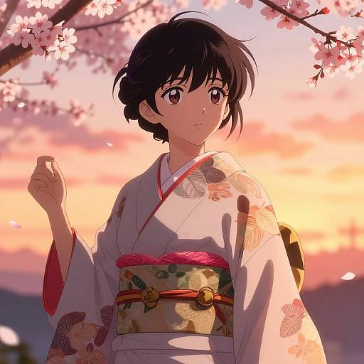Anime-style digital drawing of a young woman in a floral kimono, holding a hairpin, with cherry blossoms and a sunset background.
