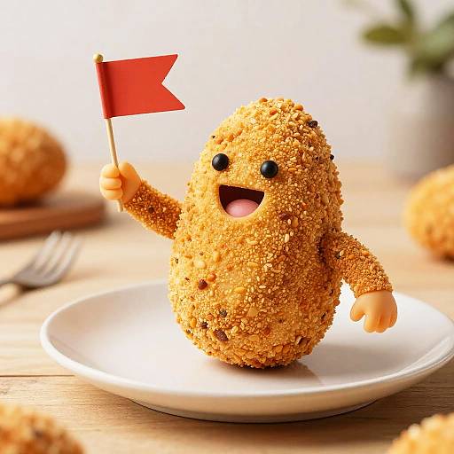 Photograph of a cheerful, textured, golden-brown, cookie-like dessert with black eyes and a smiling mouth, holding a small red flag, on