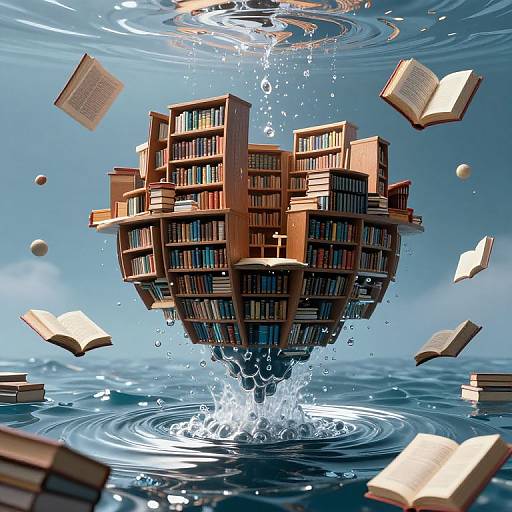 Floating library island with books splashing into a blue ocean, surrounded by flying open books, creating ripples and splashes. Digital artwork.
