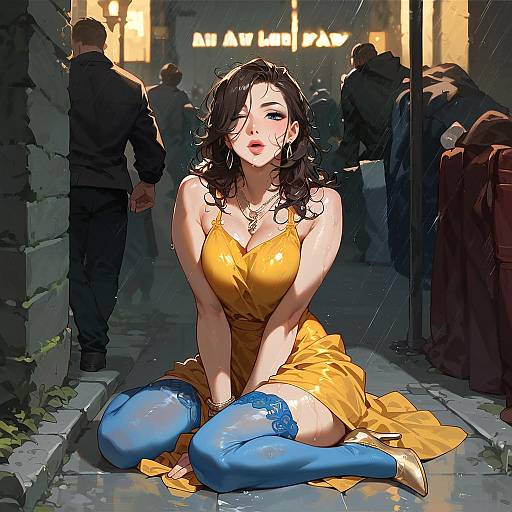 Digital anime-style drawing of a wet, dark-haired woman in a yellow dress and blue stockings, kneeling on a rain-soaked alley, with blurred figures