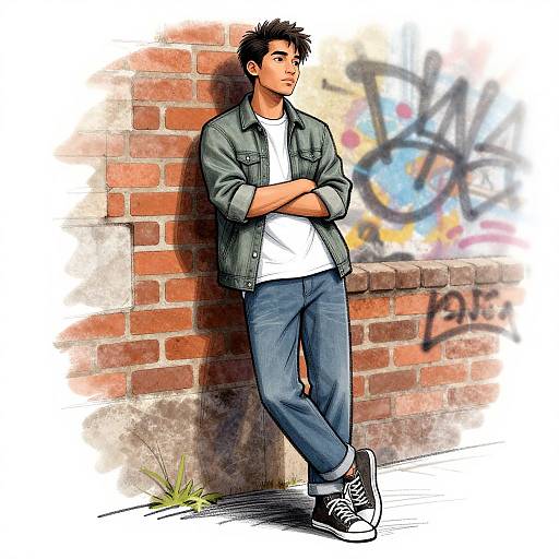 Digital anime-style drawing of a young man with short black hair, leaning against a graffiti-covered brick wall, wearing a green jacket, white shirt, blue