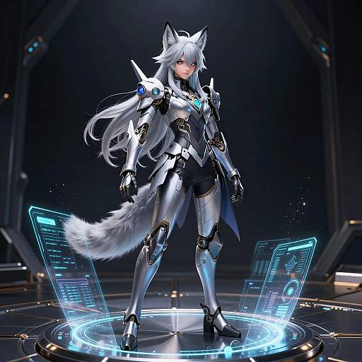 Digital art of a silver-furred, white-haired, blue-eyed fox-girl in futuristic armor standing on a glowing holographic platform.