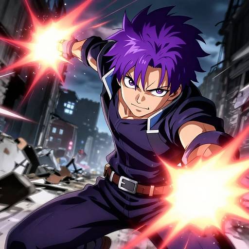Dynamic anime-style illustration of a purple-haired male warrior in black uniform, firing energy beams from both hands in a chaotic, dark cityscape at night.