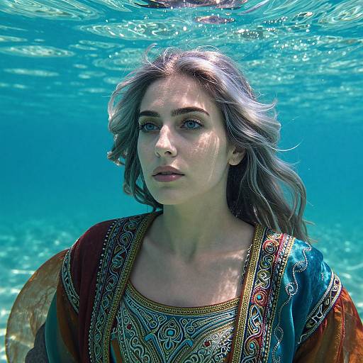 Photograph of a young woman with wavy gray-brown hair, wearing an ornate, colorful, traditional garment, underwater with clear blue light filtering