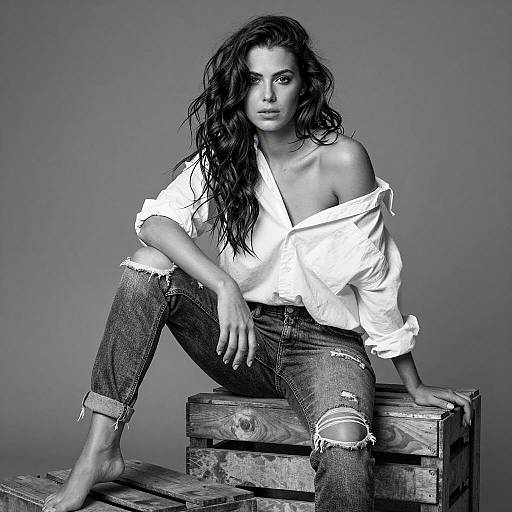 Black and White Portrait of Woman Sitting on Wooden Crates