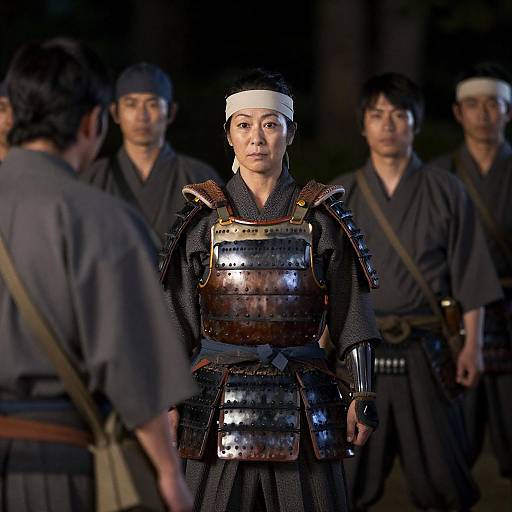Japanese Woman Samurai with Group at Night