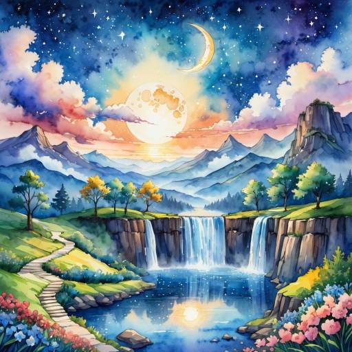 Watercolor Fantasy Landscape with Waterfall and Starry Sky