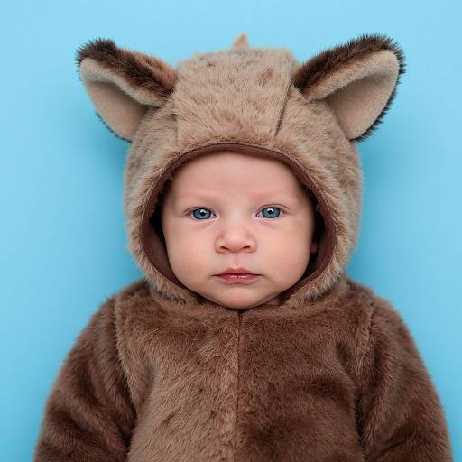 Photograph of a baby with blue eyes wearing a brown furry bear hooded onesie, against a bright blue background.