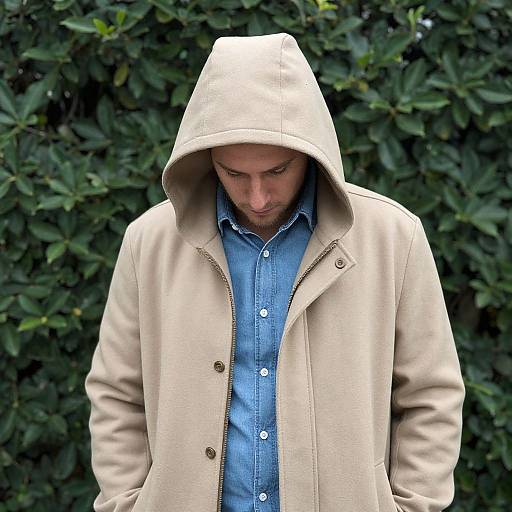 Photograph of a young man with fair skin, wearing a beige hooded coat over a blue denim shirt, looking down, standing against a lush green