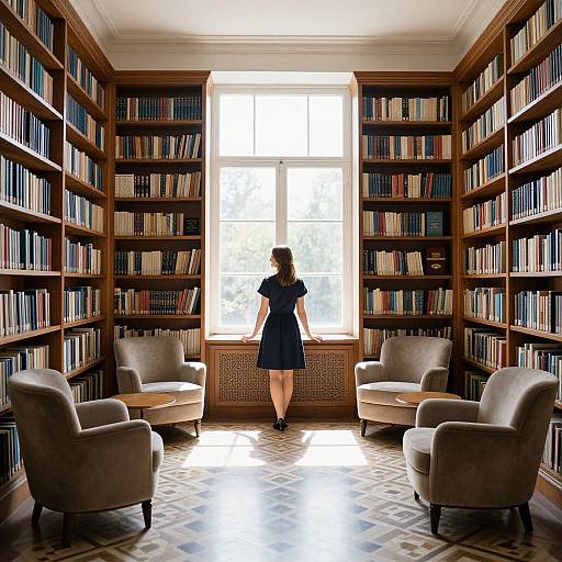 Photograph of a woman in a black dress standing in a sunlit library, surrounded by bookshelves and beige armchairs on patterned floor