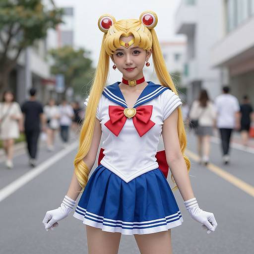 Cosplay photograph of a young Asian woman in a Sailor Moon outfit, standing on a busy urban street with blurred pedestrians.