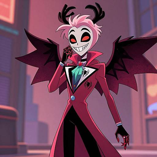 Digital cartoon of a grinning demon with white hair, black horns, red eyes, red suit, black wings, and bloodstained fingers, set