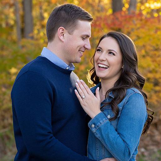 Photograph of a smiling Caucasian couple in autumn forest, man in black sweater and blue shirt, woman in denim jacket, both looking at each other,