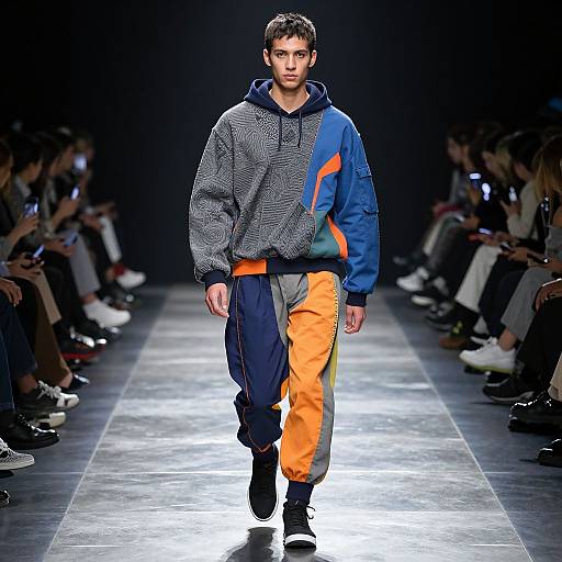 Male model walking runway in oversized hoodie with blue, orange, and gray sections, and matching pants, black shoes, dark background.