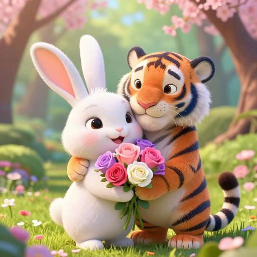 Cute CGI image of a white rabbit and a striped tiger cub holding a bouquet of pink and white roses in a sunny, flower-filled forest with cherry