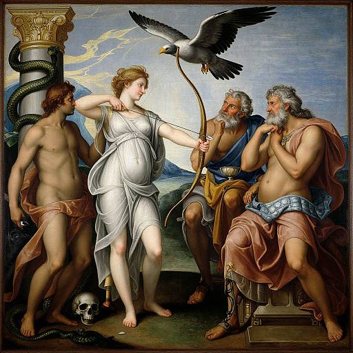 Renaissance painting of pregnant woman with white dress, aiming bow at stork, surrounded by three muscular, shirtless men in loincloths