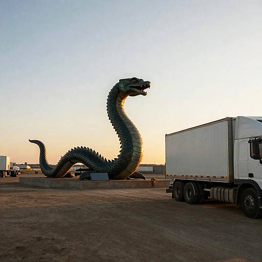 Mechanical Sea-Serpent Sculpture at Sunset
