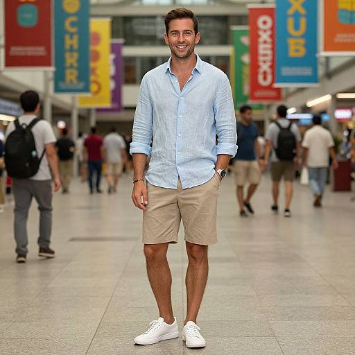 Photograph of a smiling, medium-built man with short brown hair, wearing a light blue shirt, beige shorts, and white sneakers, standing in a