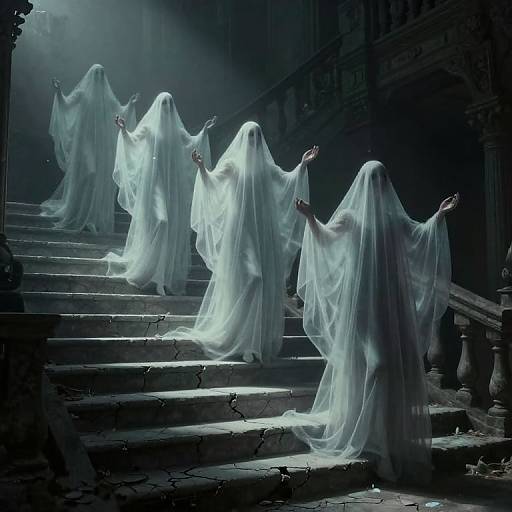 Photograph-like digital art of four ethereal, translucent white ghost figures with outstretched arms descending eerie, dark stone stairs in a misty,