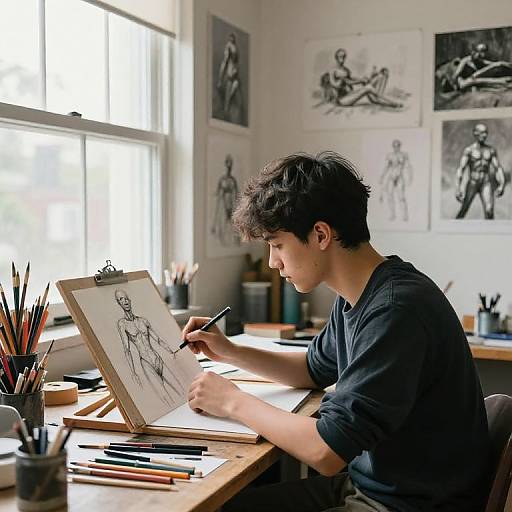 Photograph of a young male artist with short dark hair, wearing a black shirt, sketching on an easel in a bright studio, surrounded by