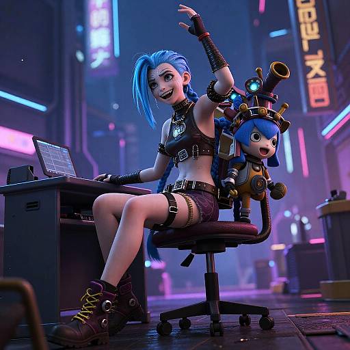 Cyberpunk anime-style digital artwork: Blue-haired girl in black crop top, shorts, boots, sitting on chair, working laptop, toy robot beside