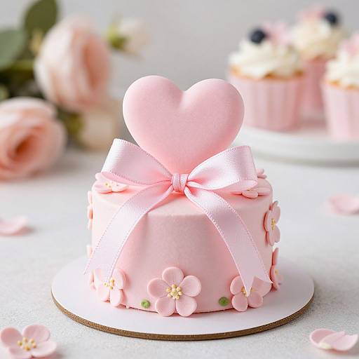 Photograph of a pink heart-topped cake with a ribbon, decorated with pink flowers, set against a blurred floral background.