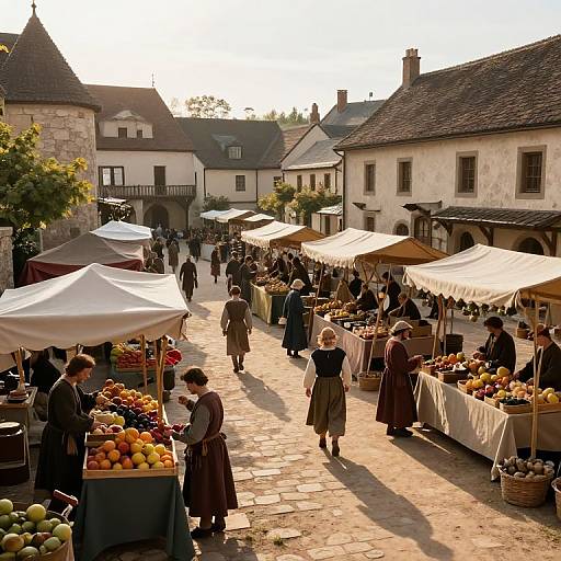 Photograph of a sunlit, European village market with white tents, cobblestone street, people in vintage clothing, and fruit stalls.