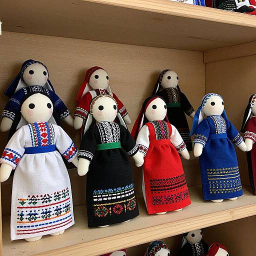 Photograph of six embroidered folk dolls in traditional dresses, displayed on wooden shelves. Dolls wear black, red, white, and blue outfits with intricate