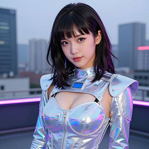 Photograph of an East Asian woman with black hair, wearing a shiny silver, futuristic, metallic bodysuit with cutouts, standing on a rooftop