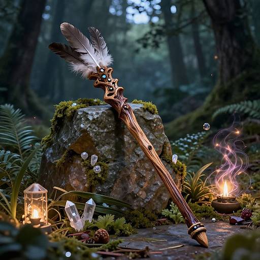 Digital fantasy artwork: ornate staff with feathers, leaning on moss-covered rock, surrounded by lanterns, crystals, fire, ferns, forest background