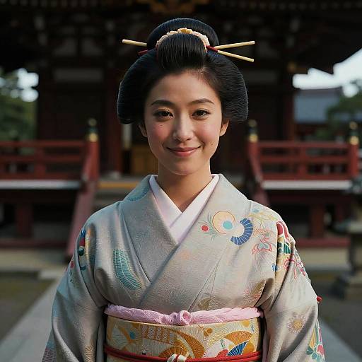 Photograph of a smiling Japanese woman in a traditional kimono with colorful floral patterns, black hair styled in an updo with wooden hairpins, standing