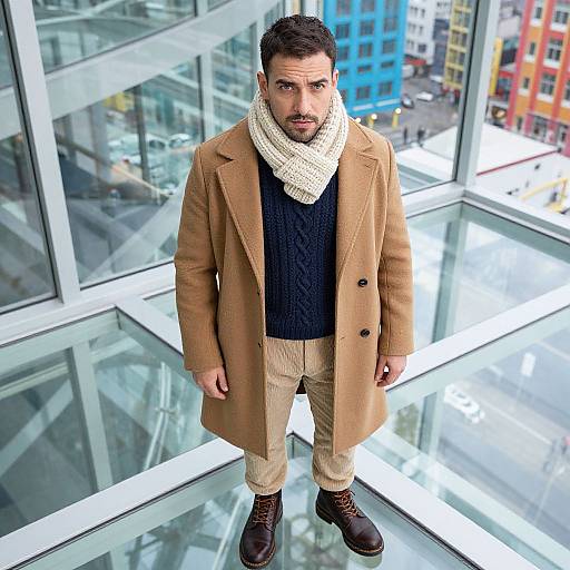 Photograph of a bearded man with dark hair, wearing a tan coat, white scarf, black sweater, beige pants, and brown boots, standing