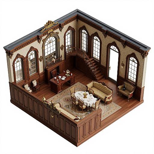 Isometric illustration of a luxurious Victorian-style living room with dark wood paneling, arched windows, ornate furniture, and a patterned rug.