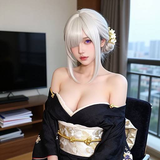 Digital anime-style portrait of a pale-skinned woman with white hair, purple eyes, wearing a black and white kimono with floral accents, in a