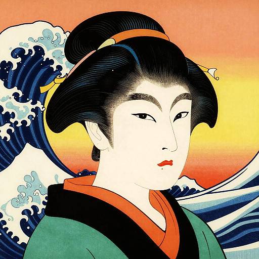 Traditional Japanese ukiyo-e style illustration of a serene-faced geisha with black hair in an updo, wearing a green and black kimono,
