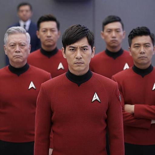 Group of Men in Red Starfleet Uniforms
