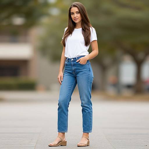 Photograph of a young woman with long brown hair, wearing a white t-shirt, blue high-waisted jeans, and brown sandals, standing confidently