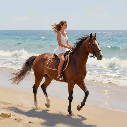 Photograph of a woman in a white dress riding a brown horse on a sunny beach with turquoise ocean waves.
