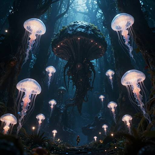 Bioluminescent Alien Forest with Floating Jellyfish