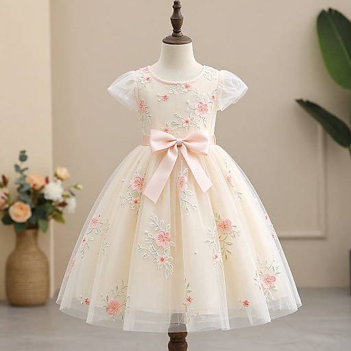 Photograph of a white, floral-embroidered, short-sleeved dress with pink bow, displayed on a dress form in a softly lit