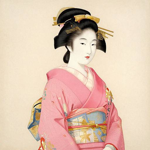 Digital illustration of a traditional Japanese geisha in a pink kimono with gold and blue obi, black hair adorned with gold hairpins, and pale