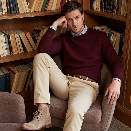Photograph of a handsome, fair-skinned man with short brown hair, wearing a brown sweater, beige pants, and tan boots, sitting in a