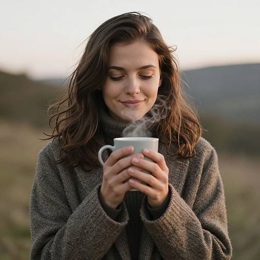 Photograph of a smiling, brown-haired woman with fair skin, wearing a gray knit sweater, holding a white, steaming mug outdoors.