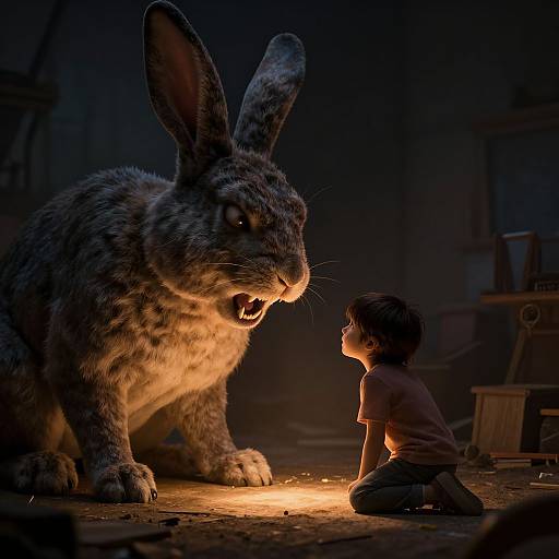 Photorealistic CGI: A large, fierce rabbit with gray fur and glowing eyes stands over a small, frightened boy kneeling in front of a small fire