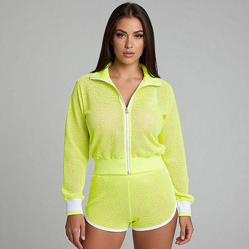 Photograph of a woman with long black hair wearing a neon yellow, mesh zip-up jumpsuit with white trim, standing against a plain light gray background