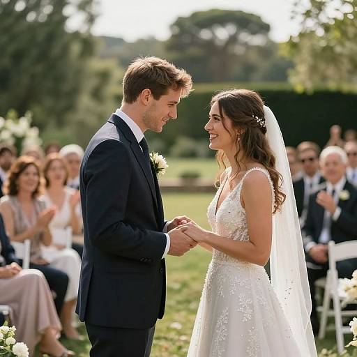 Photograph of a smiling couple holding hands during an outdoor wedding ceremony, with guests seated in the blurred background. Bride in white lace dress, groom in