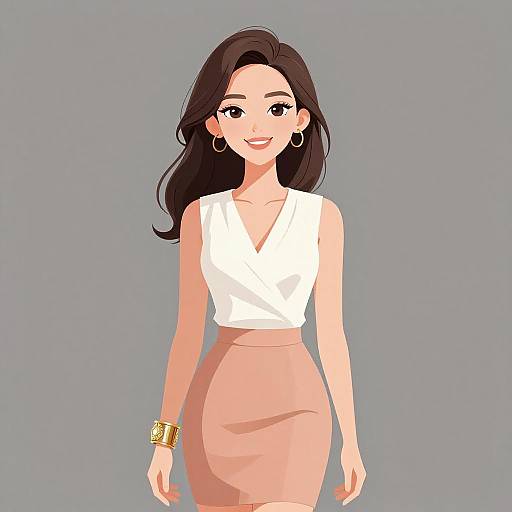 Digital illustration of a smiling woman with long dark hair, wearing a white sleeveless top, beige skirt, gold hoop earrings, and gold bracelet, against