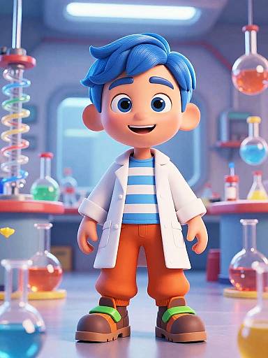 3D cartoon boy with blue hair, white lab coat, blue-striped shirt, orange pants, green shoes, smiling in colorful lab.